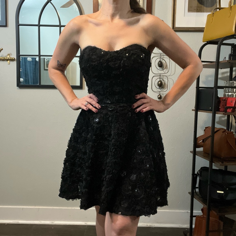 bebe Black Strapless Floral Dress